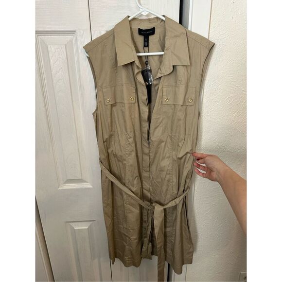 H By Halston Women's Sleeveless Belted Shirt Dress Khaki Size Large NWT - Picture 3 of 7